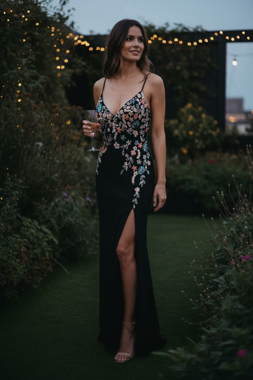 Mac Duggal 42006 V-Neck Beaded Floral Cami Evening Gown